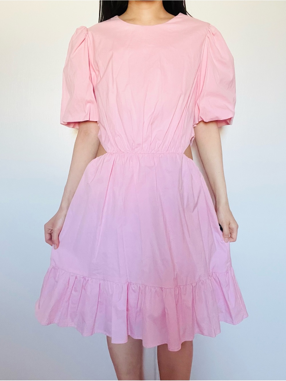 Wayf Soft Pink Puff Sleeve Cutout Mini Dress NWT